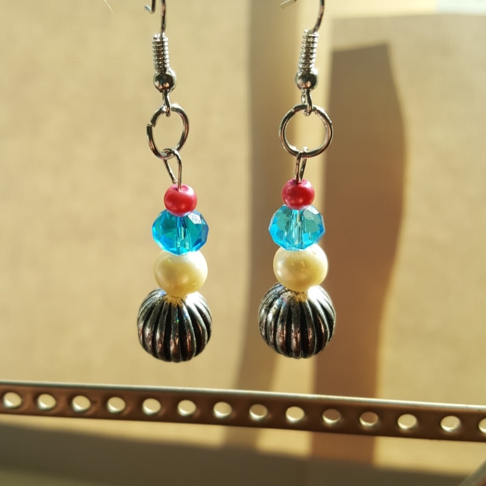 Silver/ Pink/ Blue Glass/ & White pearl Earrings